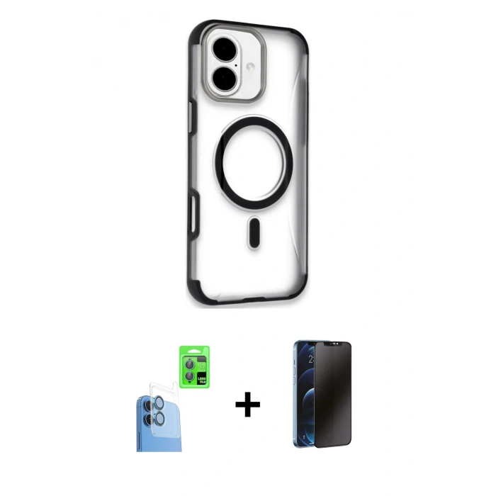 MARSİLYAN™- iPhone 16 Kılıf Eksen Klasik Koleksiyonu - Siyah 3D Antistatik Hayalet Cam Ekran Koruyucu + Raze Metal Kamera Lens - LT