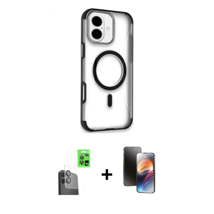 MARSİLYAN™- iPhone 16 Kılıf Eksen Klasik Koleksiyonu - Siyah 3D Antistatik Mat Seramik Nano Ekran Koruyucu + Siyah Raze Metal Kamera Lens