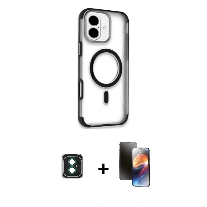 MARSİLYAN™- iPhone 16 Kılıf Eksen Klasik Koleksiyonu - Siyah 3D Antistatik Mat Seramik Nano Ekran Koruyucu + PVD Metal Kamera Lens - YL