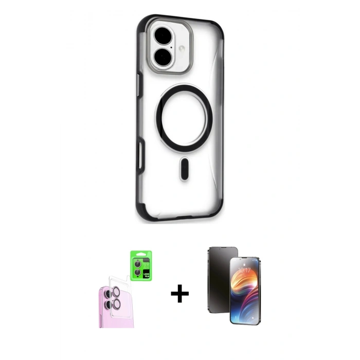 MARSİLYAN™- iPhone 16 Kılıf Eksen Klasik Koleksiyonu - Siyah 3D Antistatik Mat Seramik Nano Ekran Koruyucu + Raze Metal Kamera Lens - PE