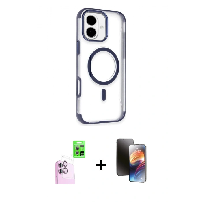 MARSİLYAN™- iPhone 16 Kılıf Eksen Klasik Koleksiyonu - Siyah 3D Antistatik Mat Seramik Nano Ekran Koruyucu + Raze Metal Kamera Lens - PE