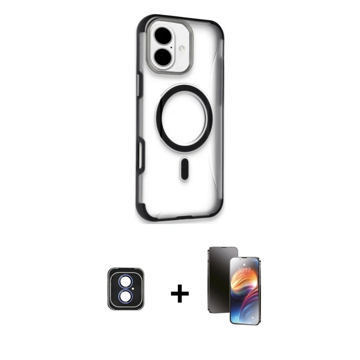 MARSİLYAN™- iPhone 16 Kılıf Eksen Klasik Koleksiyonu - Siyah 3D Antistatik Mat Seramik Nano Ekran Koruyucu + PVD Metal Kamera Lens - MI