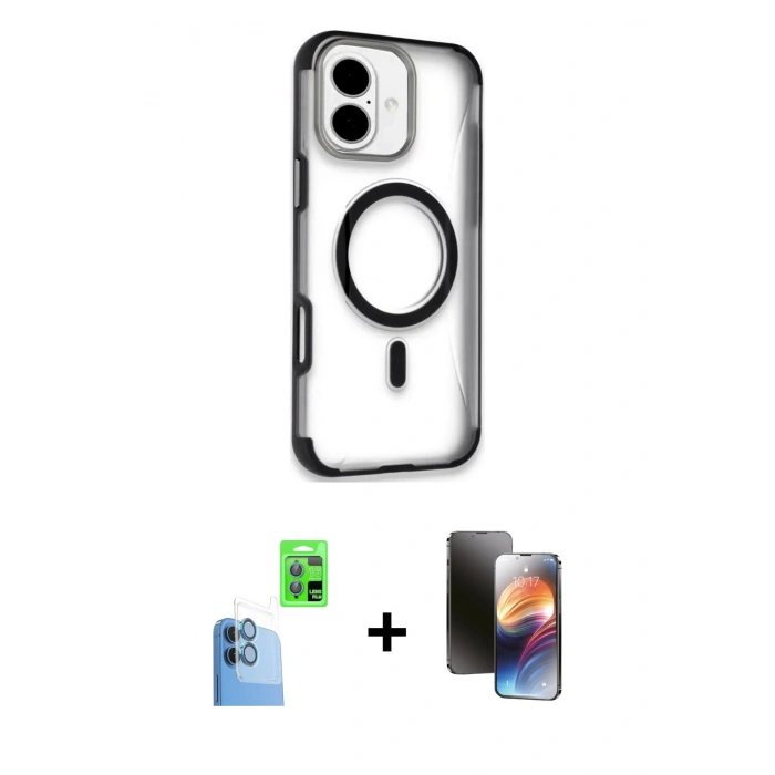 MARSİLYAN™- iPhone 16 Kılıf Eksen Klasik Koleksiyonu - Siyah 3D Antistatik Mat Seramik Nano Ekran Koruyucu + Raze Metal Kamera Lens - LT
