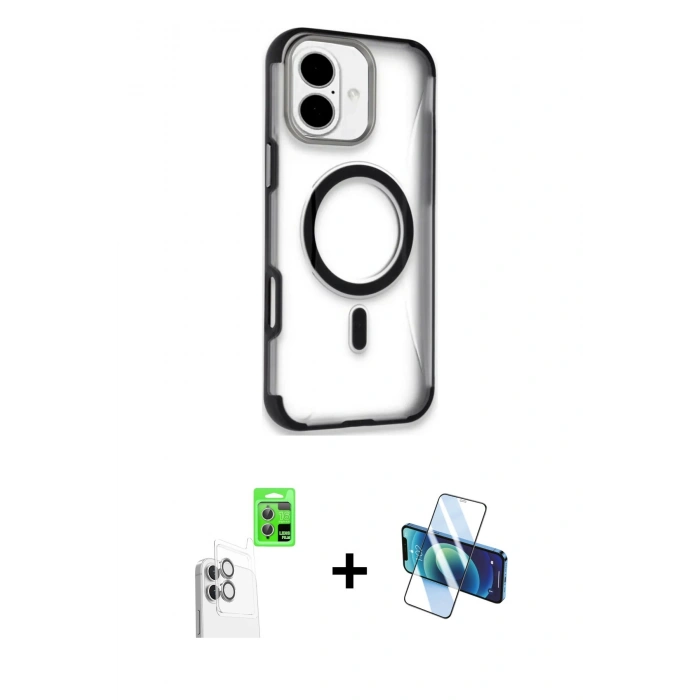 MARSİLYAN™- iPhone 16 Kılıf Eksen Klasik Koleksiyonu - Siyah 3D Antistatik Seramik Nano Ekran Koruyucu + Raze Metal Kamera Lens - BZ