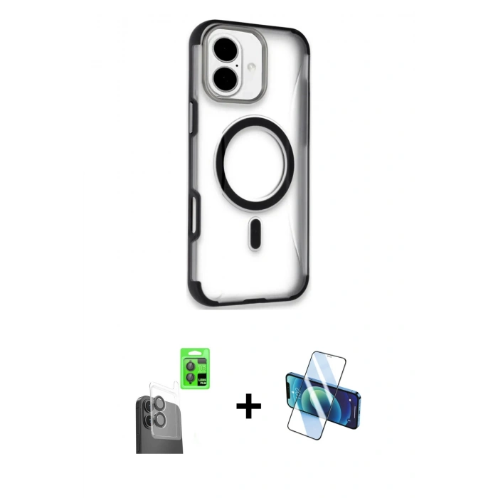 MARSİLYAN™- iPhone 16 Kılıf Eksen Klasik Koleksiyonu - Siyah 3D Antistatik Seramik Nano Ekran Koruyucu + Raze Metal Kamera Lens - SH