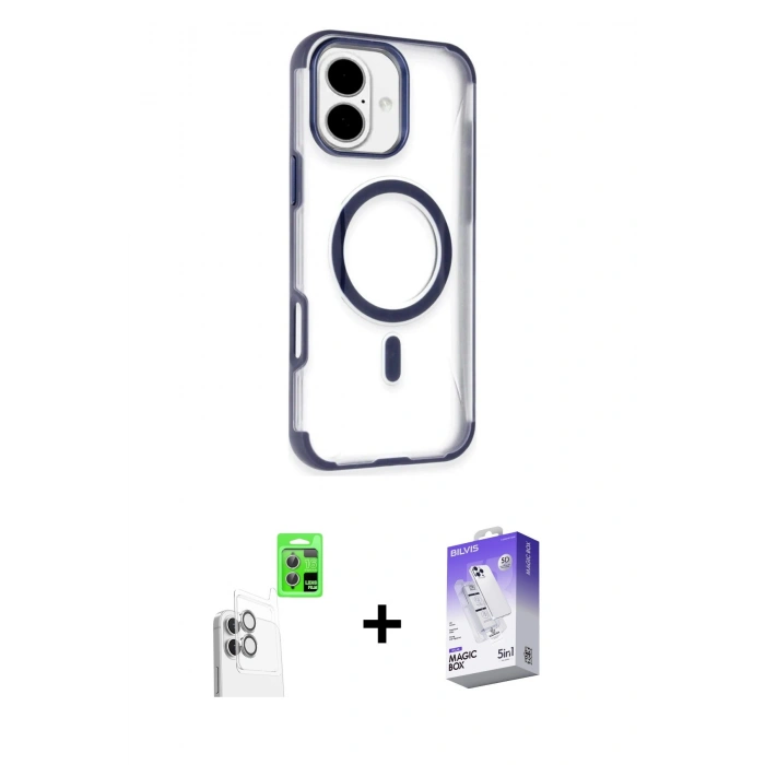 MARSİLYAN™- iPhone 16 Kılıf Eksen Klasik Koleksiyonu - Siyah Bilvis 5in1 3D Magic Cam Ekran Koruyucu + Raze Metal Kamera Lens - BZ