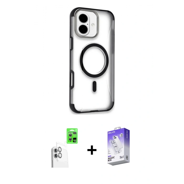 MARSİLYAN™- iPhone 16 Kılıf Eksen Klasik Koleksiyonu - Siyah Bilvis 5in1 3D Magic Cam Ekran Koruyucu + Raze Metal Kamera Lens - BZ