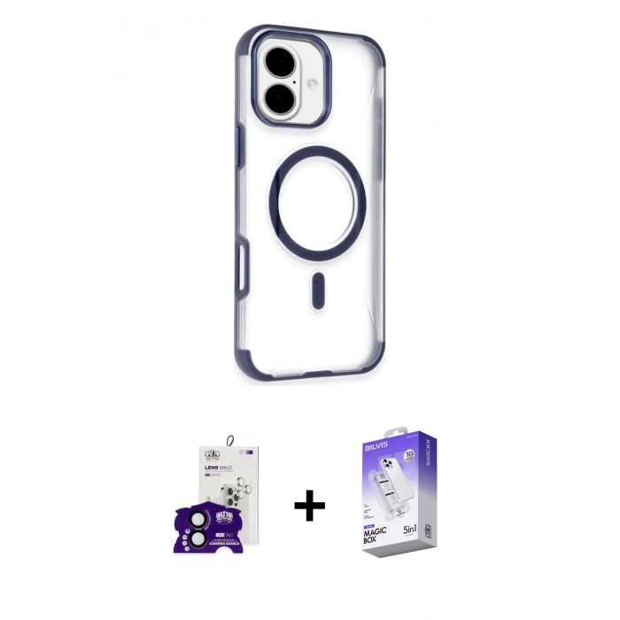 MARSİLYAN™- iPhone 16 Kılıf Eksen Klasik Koleksiyonu - Siyah Bilvis 5in1 3D Magic Cam Ekran Koruyucu + Bilvis Titan Kamera Lens - SH