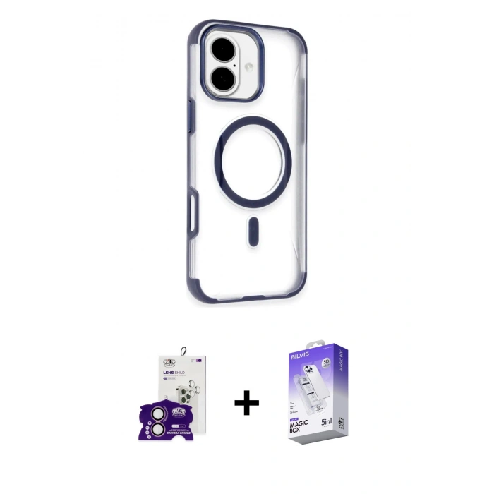MARSİLYAN™- iPhone 16 Kılıf Eksen Klasik Koleksiyonu - Siyah Bilvis 5in1 3D Magic Cam Ekran Koruyucu + Bilvis Titan Kamera Lens - PE