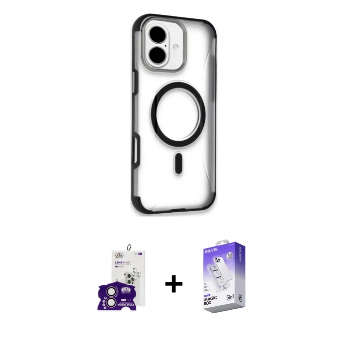 MARSİLYAN™- iPhone 16 Kılıf Eksen Klasik Koleksiyonu - Siyah Bilvis 5in1 3D Magic Cam Ekran Koruyucu + Bilvis Titan Kamera Lens - PE