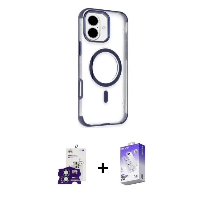 MARSİLYAN™- iPhone 16 Kılıf Eksen Klasik Koleksiyonu - Siyah Bilvis 5in1 3D Magic Cam Ekran Koruyucu + Bilvis Titan Kamera Lens - YL