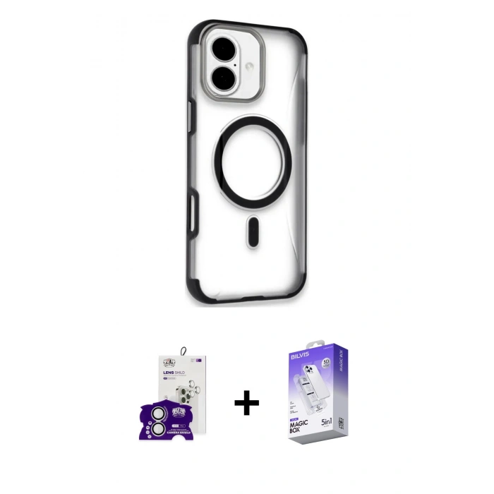 MARSİLYAN™- iPhone 16 Kılıf Eksen Klasik Koleksiyonu - Siyah Bilvis 5in1 3D Magic Cam Ekran Koruyucu + Bilvis Titan Kamera Lens - GS