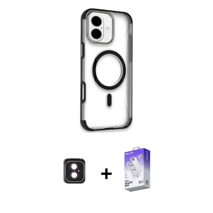 MARSİLYAN™- iPhone 16 Kılıf Eksen Klasik Koleksiyonu - Siyah Bilvis 5in1 3D Magic Cam Ekran Koruyucu + PVD Metal Kamera Lens - PE