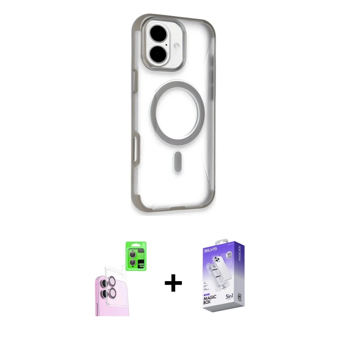 MARSİLYAN™- iPhone 16 Kılıf Eksen Klasik Koleksiyonu - Siyah Bilvis 5in1 3D Magic Cam Ekran Koruyucu + Raze Metal Kamera Lens - PE