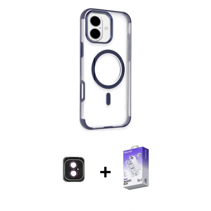 MARSİLYAN™- iPhone 16 Kılıf Eksen Klasik Koleksiyonu - Siyah Bilvis 5in1 3D Magic Cam Ekran Koruyucu + PVD Metal Kamera Lens - PE