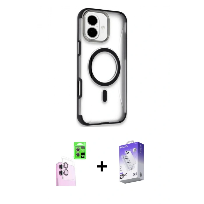 MARSİLYAN™- iPhone 16 Kılıf Eksen Klasik Koleksiyonu - Siyah Bilvis 5in1 3D Magic Cam Ekran Koruyucu + Raze Metal Kamera Lens - PE