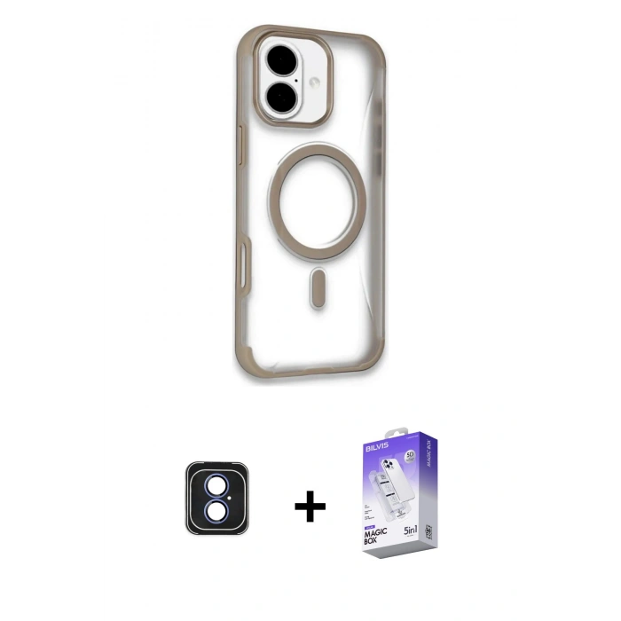 MARSİLYAN™- iPhone 16 Kılıf Eksen Klasik Koleksiyonu - Siyah Bilvis 5in1 3D Magic Cam Ekran Koruyucu + PVD Metal Kamera Lens - MI
