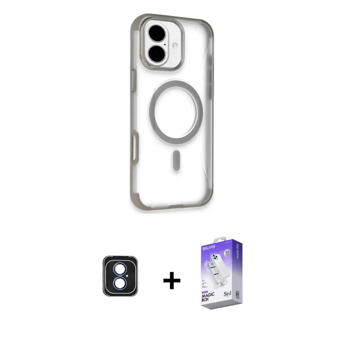 MARSİLYAN™- iPhone 16 Kılıf Eksen Klasik Koleksiyonu - Siyah Bilvis 5in1 3D Magic Cam Ekran Koruyucu + PVD Metal Kamera Lens - MI