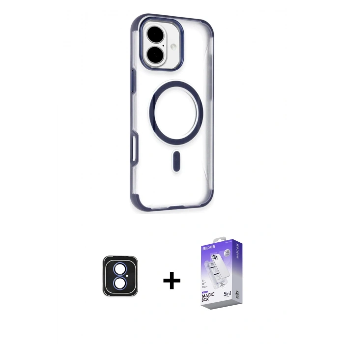 MARSİLYAN™- iPhone 16 Kılıf Eksen Klasik Koleksiyonu - Siyah Bilvis 5in1 3D Magic Cam Ekran Koruyucu + PVD Metal Kamera Lens - MI