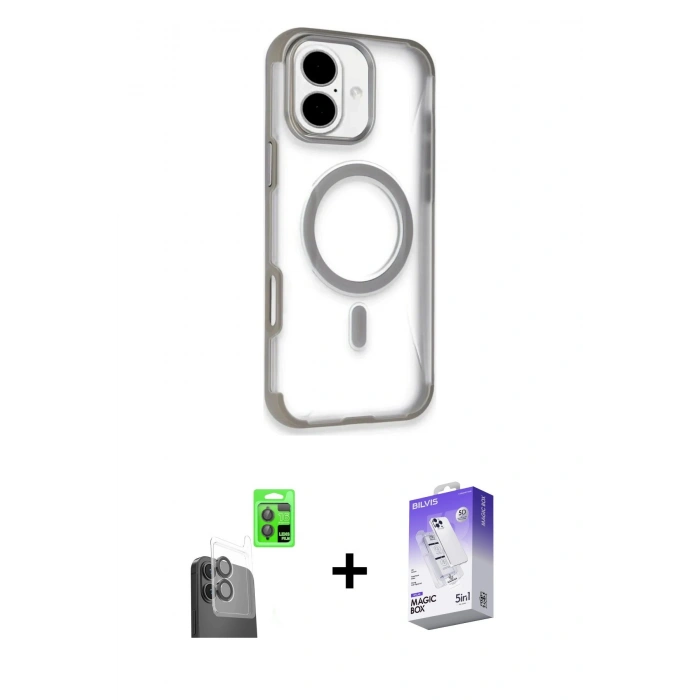 MARSİLYAN™- iPhone 16 Kılıf Eksen Klasik Koleksiyonu - Siyah Bilvis 5in1 3D Magic Cam Ekran Koruyucu + Raze Metal Kamera Lens - SH