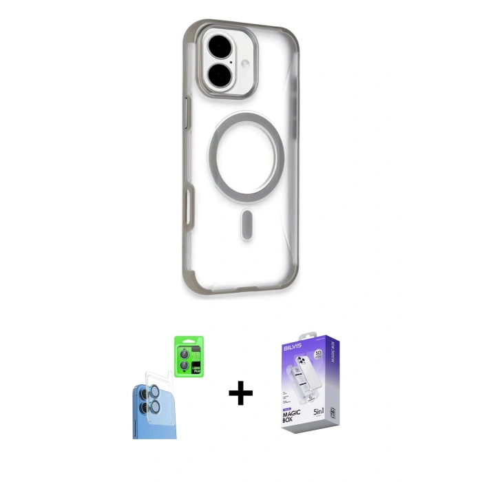 MARSİLYAN™- iPhone 16 Kılıf Eksen Klasik Koleksiyonu - Siyah Bilvis 5in1 3D Magic Cam Ekran Koruyucu + Raze Metal Kamera Lens - LT