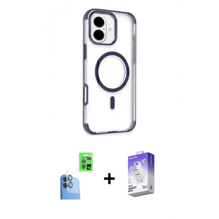 MARSİLYAN™- iPhone 16 Kılıf Eksen Klasik Koleksiyonu - Siyah Bilvis 5in1 3D Magic Cam Ekran Koruyucu + Raze Metal Kamera Lens - LT