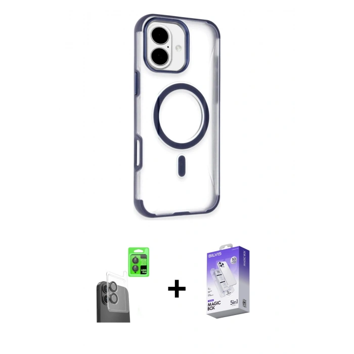 MARSİLYAN™- iPhone 16 Kılıf Eksen Klasik Koleksiyonu - Siyah Bilvis 5in1 3D Magic Cam Ekran Koruyucu + Raze Metal Kamera Lens - SH