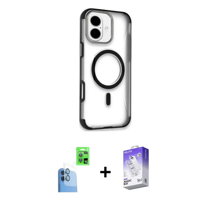 MARSİLYAN™- iPhone 16 Kılıf Eksen Klasik Koleksiyonu - Siyah Bilvis 5in1 3D Magic Cam Ekran Koruyucu + Raze Metal Kamera Lens - LT