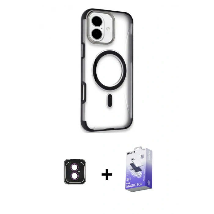 MARSİLYAN™- iPhone 16 Kılıf Eksen Klasik Koleksiyonu - Siyah Bilvis 5in1 5D Magic Hayalet Cam Ekran Koruyucu + PVD Metal Kamera Lens - PE