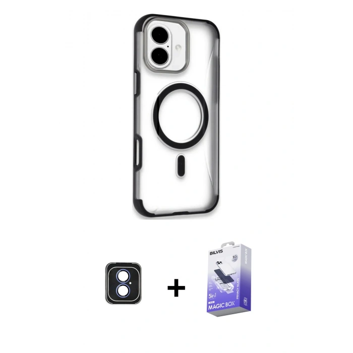 MARSİLYAN™- iPhone 16 Kılıf Eksen Klasik Koleksiyonu - Siyah Bilvis 5in1 5D Magic Hayalet Cam Ekran Koruyucu + PVD Metal Kamera Lens - MI
