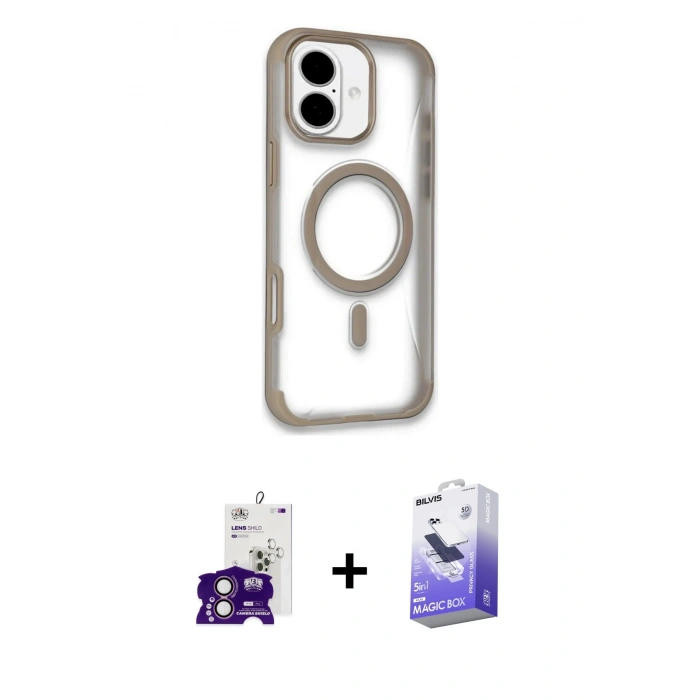 MARSİLYAN™- iPhone 16 Kılıf Eksen Klasik Koleksiyonu - Siyah Bilvis 5in1 5D Magic Hayalet Cam Ekran Koruyucu + Pembe Bilvis Titan Kamera Lens