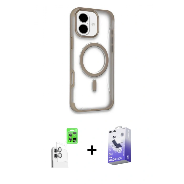 MARSİLYAN™- iPhone 16 Kılıf Eksen Klasik Koleksiyonu - Siyah Bilvis 5in1 5D Magic Hayalet Cam Ekran Koruyucu + Raze Metal Kamera Lens - BZ