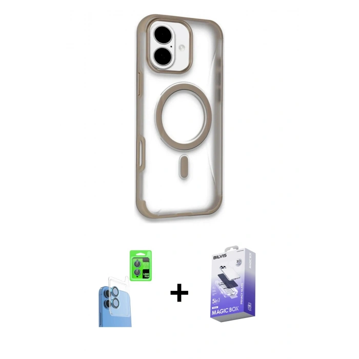 MARSİLYAN™- iPhone 16 Kılıf Eksen Klasik Koleksiyonu - Siyah Bilvis 5in1 5D Magic Hayalet Cam Ekran Koruyucu + Raze Metal Kamera Lens - LT