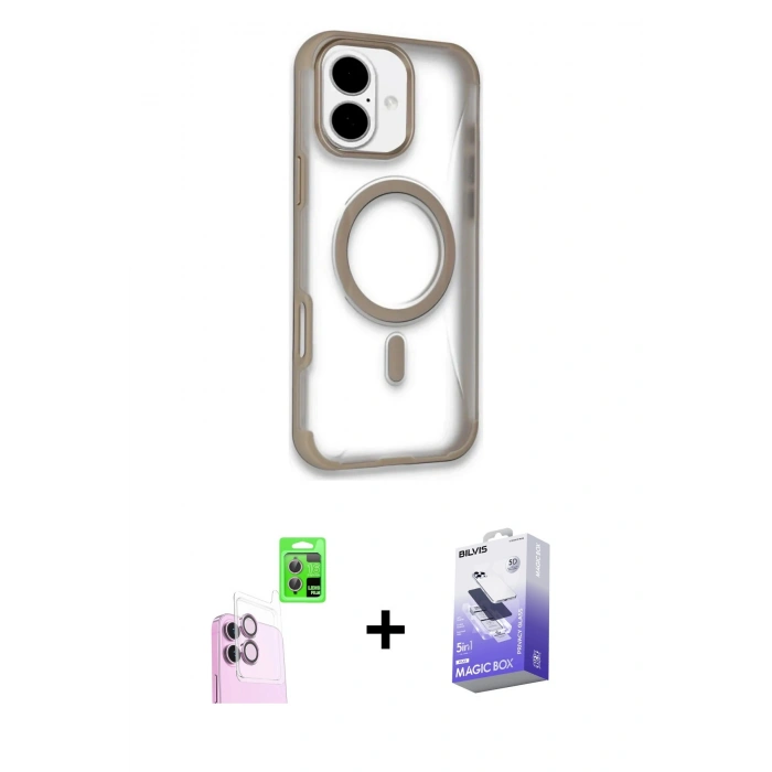 MARSİLYAN™- iPhone 16 Kılıf Eksen Klasik Koleksiyonu - Siyah Bilvis 5in1 5D Magic Hayalet Cam Ekran Koruyucu + Raze Metal Kamera Lens - PE