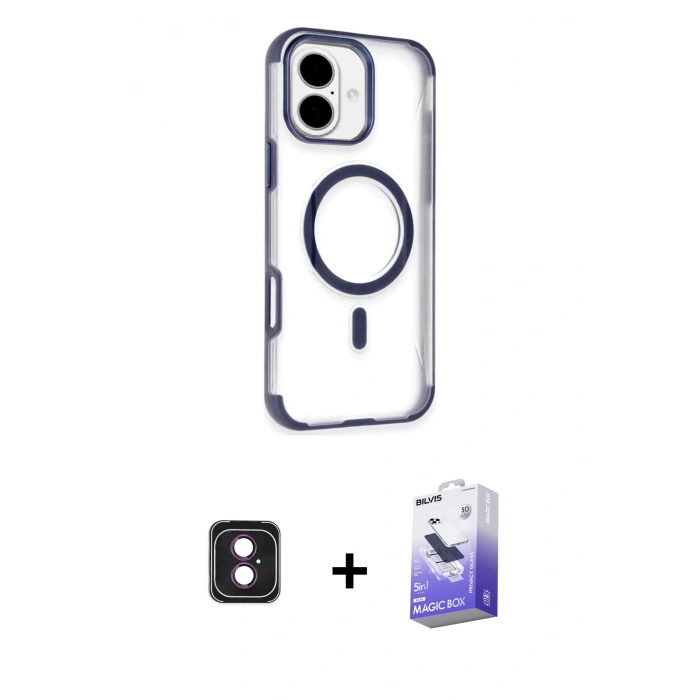 MARSİLYAN™- iPhone 16 Kılıf Eksen Klasik Koleksiyonu - Siyah Bilvis 5in1 5D Magic Hayalet Cam Ekran Koruyucu + PVD Metal Kamera Lens - PE