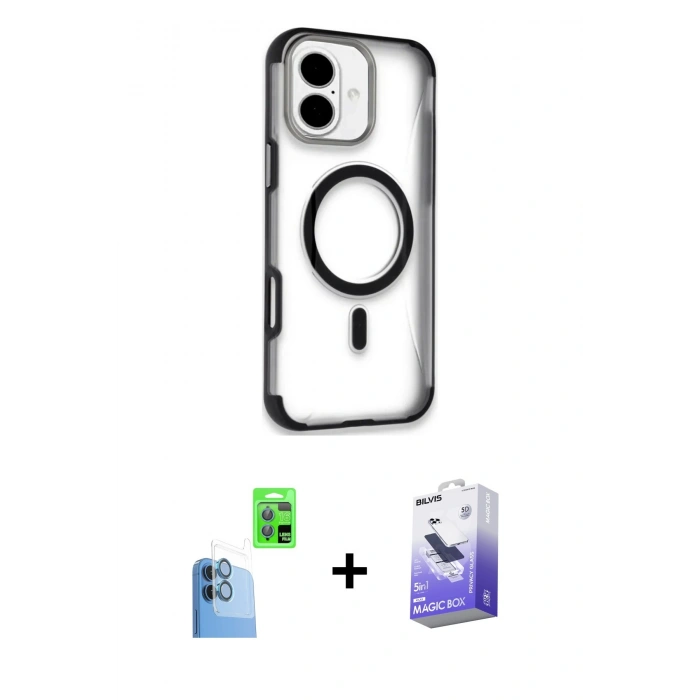 MARSİLYAN™- iPhone 16 Kılıf Eksen Klasik Koleksiyonu - Siyah Bilvis 5in1 5D Magic Hayalet Cam Ekran Koruyucu + Raze Metal Kamera Lens - LT