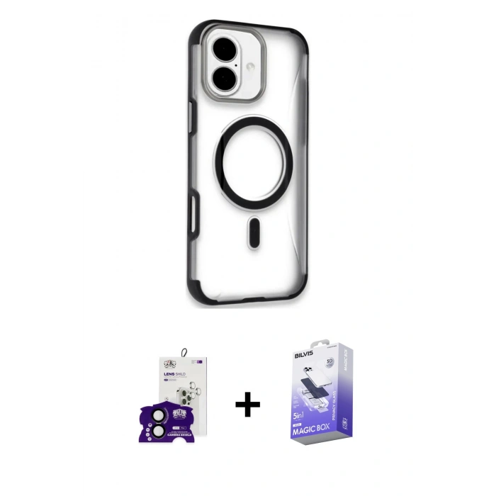 MARSİLYAN™- iPhone 16 Kılıf Eksen Klasik Koleksiyonu - Siyah Bilvis 5in1 5D Magic Hayalet Cam Ekran Koruyucu + Bilvis Titan Kamera Lens - SH
