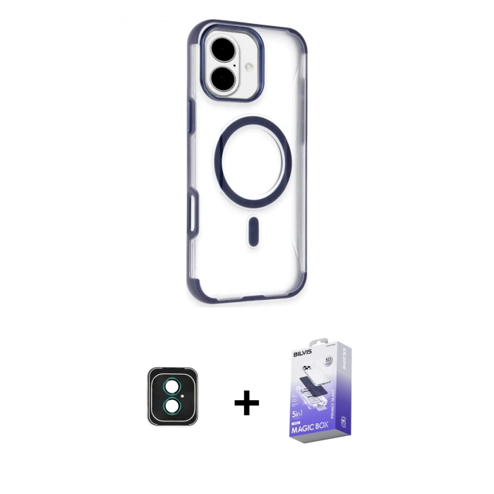 MARSİLYAN™- iPhone 16 Kılıf Eksen Klasik Koleksiyonu - Siyah Bilvis 5in1 5D Magic Hayalet Cam Ekran Koruyucu + PVD Metal Kamera Lens - YL
