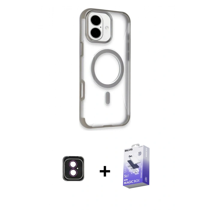 MARSİLYAN™- iPhone 16 Kılıf Eksen Klasik Koleksiyonu - Siyah Bilvis 5in1 5D Magic Hayalet Cam Ekran Koruyucu + PVD Metal Kamera Lens - PE
