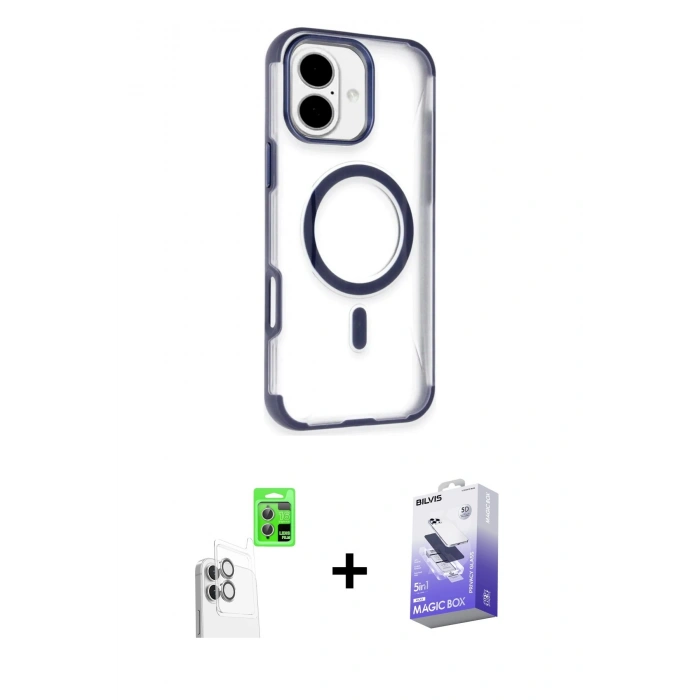 MARSİLYAN™- iPhone 16 Kılıf Eksen Klasik Koleksiyonu - Siyah Bilvis 5in1 5D Magic Hayalet Cam Ekran Koruyucu + Raze Metal Kamera Lens - BZ