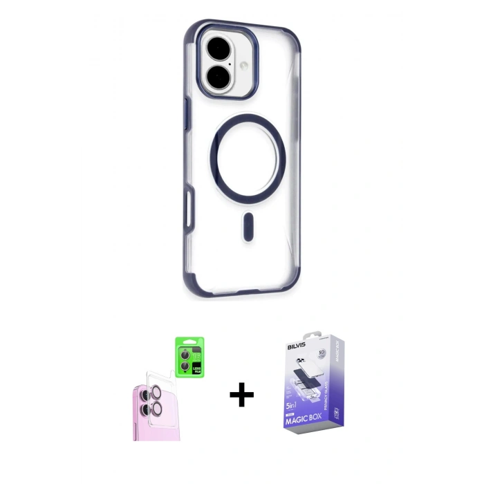 MARSİLYAN™- iPhone 16 Kılıf Eksen Klasik Koleksiyonu - Siyah Bilvis 5in1 5D Magic Hayalet Cam Ekran Koruyucu + Raze Metal Kamera Lens - PE