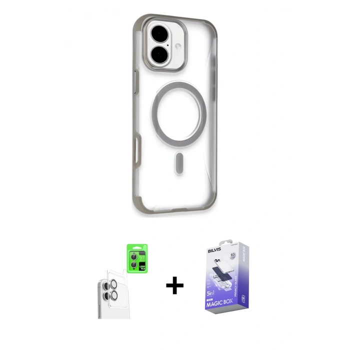 MARSİLYAN™- iPhone 16 Kılıf Eksen Klasik Koleksiyonu - Siyah Bilvis 5in1 5D Magic Hayalet Cam Ekran Koruyucu + Raze Metal Kamera Lens - BZ