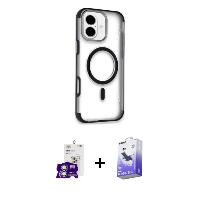 MARSİLYAN™- iPhone 16 Kılıf Eksen Klasik Koleksiyonu - Siyah Bilvis 5in1 5D Magic Hayalet Cam Ekran Koruyucu + Bilvis Titan Kamera Lens - GS