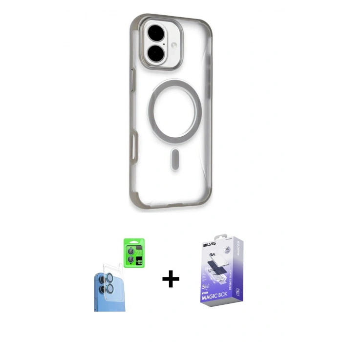 MARSİLYAN™- iPhone 16 Kılıf Eksen Klasik Koleksiyonu - Siyah Bilvis 5in1 5D Magic Hayalet Cam Ekran Koruyucu + Raze Metal Kamera Lens - LT
