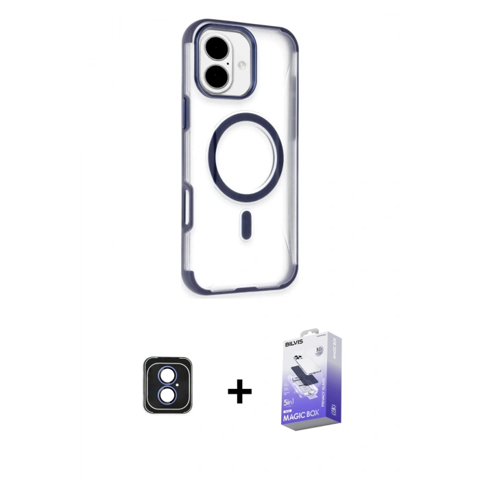 MARSİLYAN™- iPhone 16 Kılıf Eksen Klasik Koleksiyonu - Siyah Bilvis 5in1 5D Magic Hayalet Cam Ekran Koruyucu + PVD Metal Kamera Lens - MI