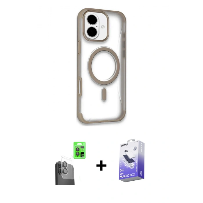 MARSİLYAN™- iPhone 16 Kılıf Eksen Klasik Koleksiyonu - Siyah Bilvis 5in1 5D Magic Hayalet Cam Ekran Koruyucu + Raze Metal Kamera Lens - SH