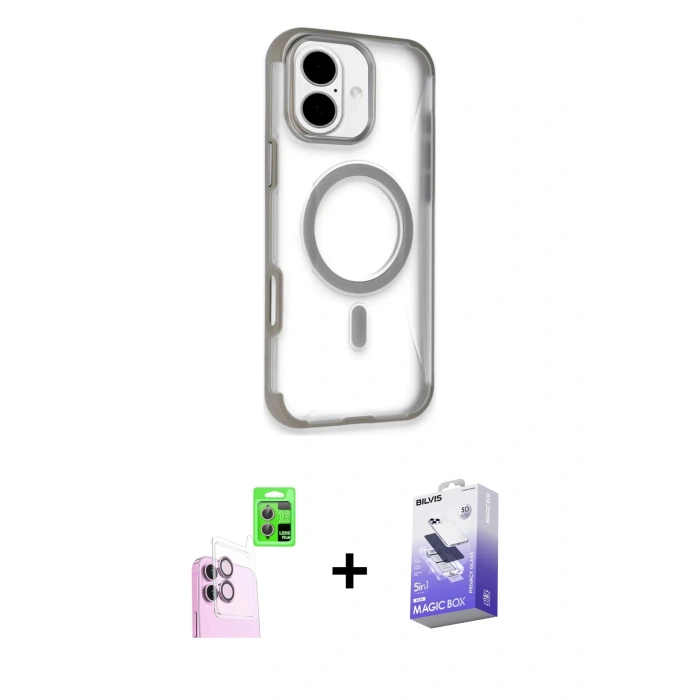 MARSİLYAN™- iPhone 16 Kılıf Eksen Klasik Koleksiyonu - Siyah Bilvis 5in1 5D Magic Hayalet Cam Ekran Koruyucu + Raze Metal Kamera Lens - PE