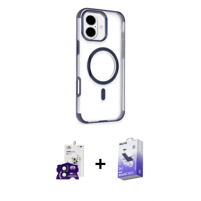 MARSİLYAN™- iPhone 16 Kılıf Eksen Klasik Koleksiyonu - Siyah Bilvis 5in1 5D Magic Hayalet Cam Ekran Koruyucu + Bilvis Titan Kamera Lens - SH