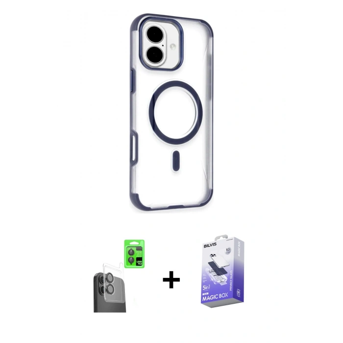 MARSİLYAN™- iPhone 16 Kılıf Eksen Klasik Koleksiyonu - Siyah Bilvis 5in1 5D Magic Hayalet Cam Ekran Koruyucu + Raze Metal Kamera Lens - SH