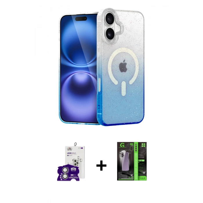 MARSİLYAN™- iPhone 16 Kılıf Eksen Minimal Özel Seri - Şeffaf 360 Full Body Arka Koruyucu + Gümüş Bilvis Titan Kamera Lens